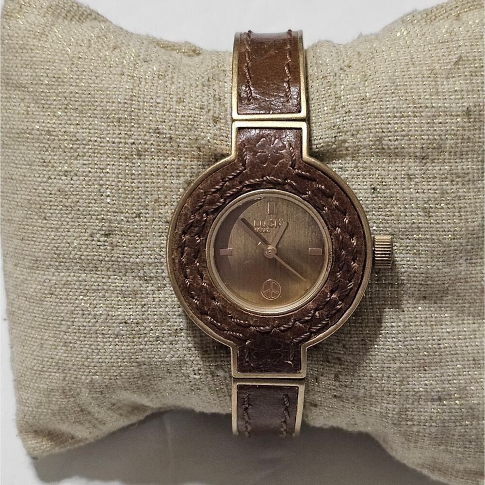 Lucky Brand Womens Boho Peace Sign Watch Brown Leather Gold Tone‎ Vintage